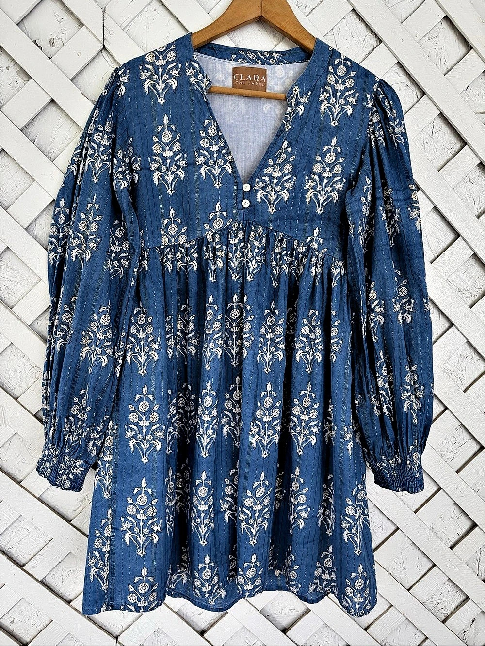 Clara the Label Block Print Mini Dress Floral Blue White Boho Balloon Sleeve XS